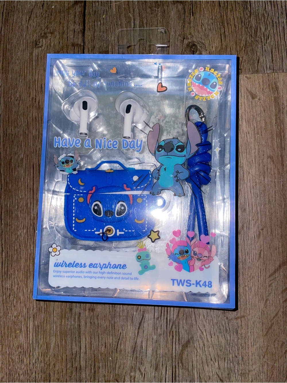 Wireless Earbud Headphones TWS-K48 with Blue Carry Case and Lanyard
